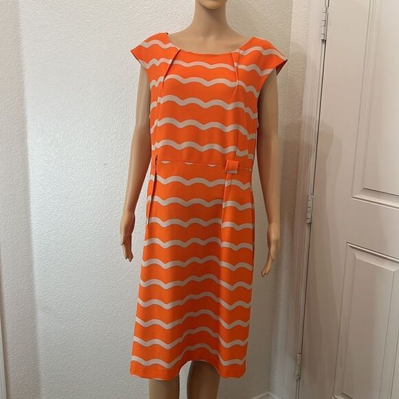 LLE New York Dress Sz 16 Scoop Neck Sleeveless Orange Beige Diagonal Stripe Midi - Picture 2 of 9